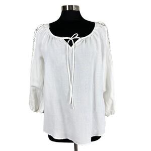 Valerie Stevens White Linen Blend 3/4 Sleeve Top Lace Insets LG Cottage Prairie